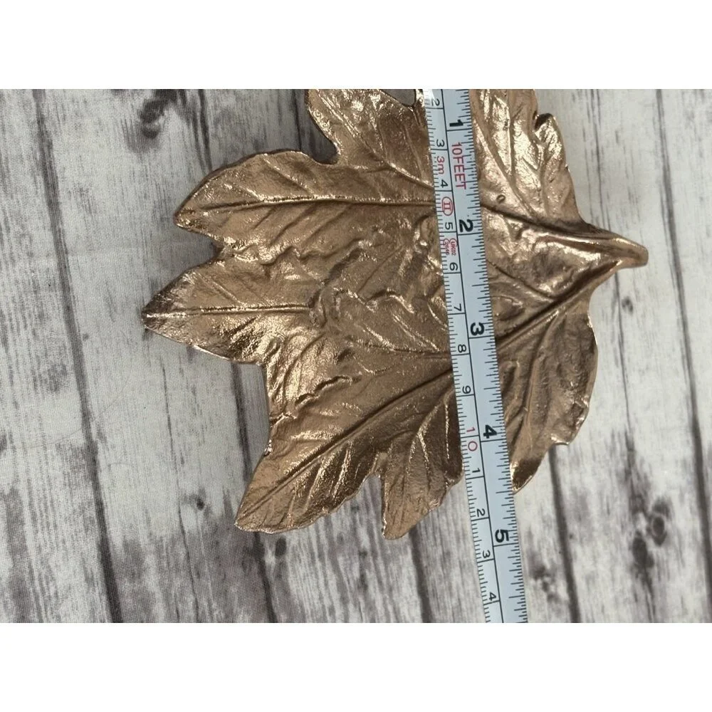 PAIR Pier One Fall Leaf Shaped Rose Gold Plates Metal Trinket Trays Decor 5”